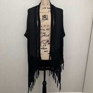 Rock & Roll Cowgirl Crochet Fringe Open Front Kimono Boho Western Black Small